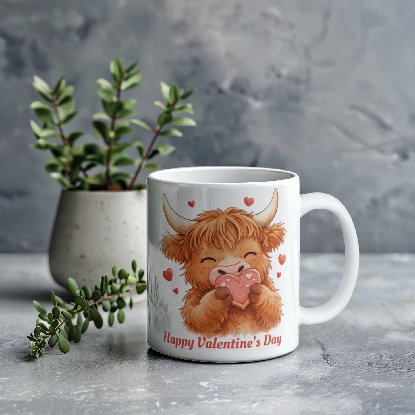 Valentine Highland Cow Mug – Cute Heart-Holding Cow Cup