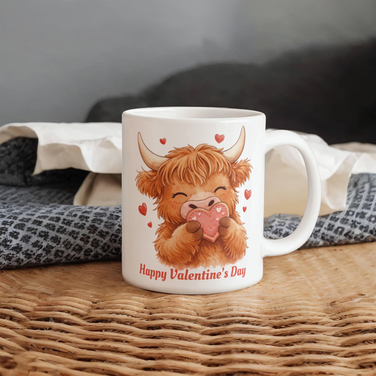 Valentine Highland Cow Mug – Cute Heart-Holding Cow Cup