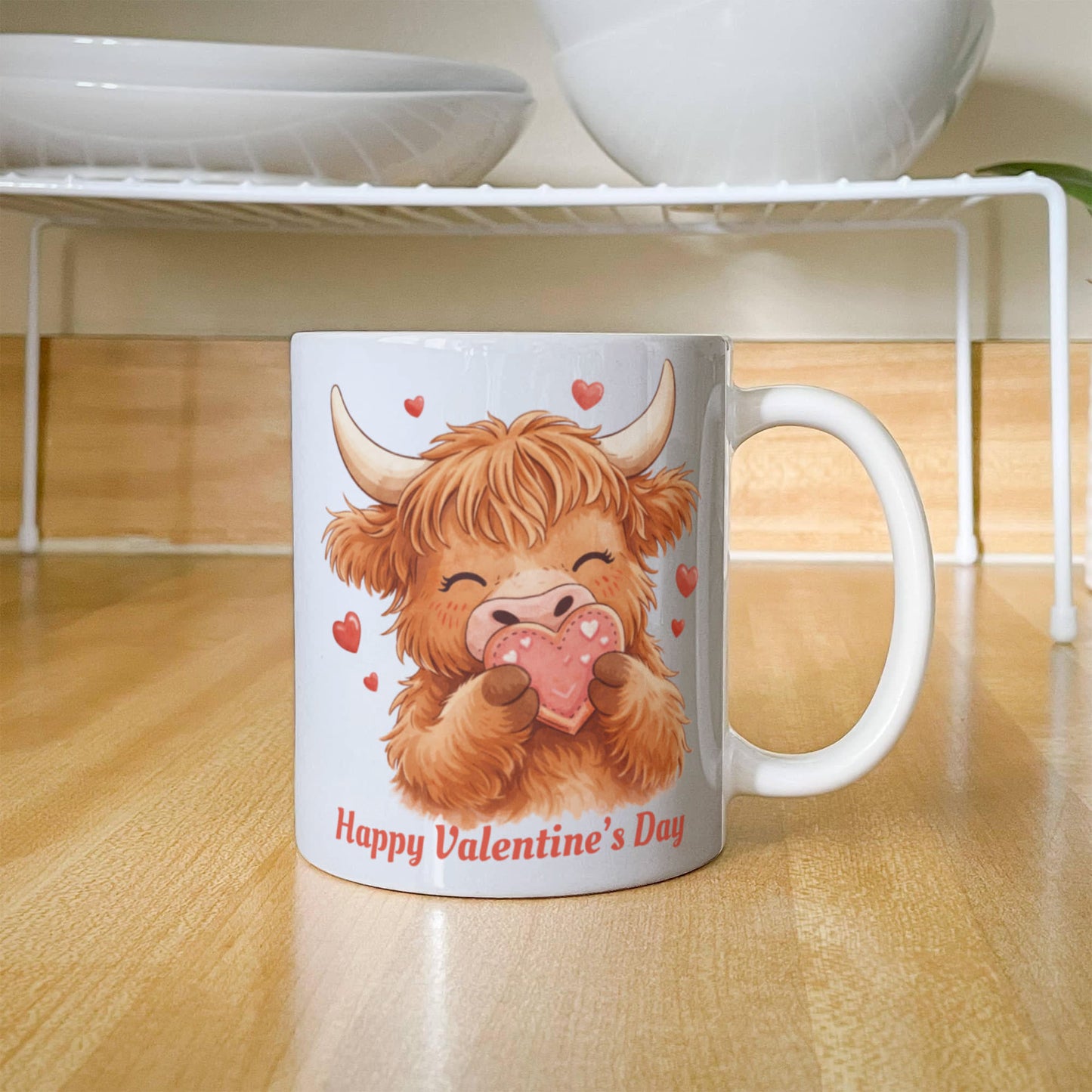 Valentine Highland Cow Mug – Cute Heart-Holding Cow Cup