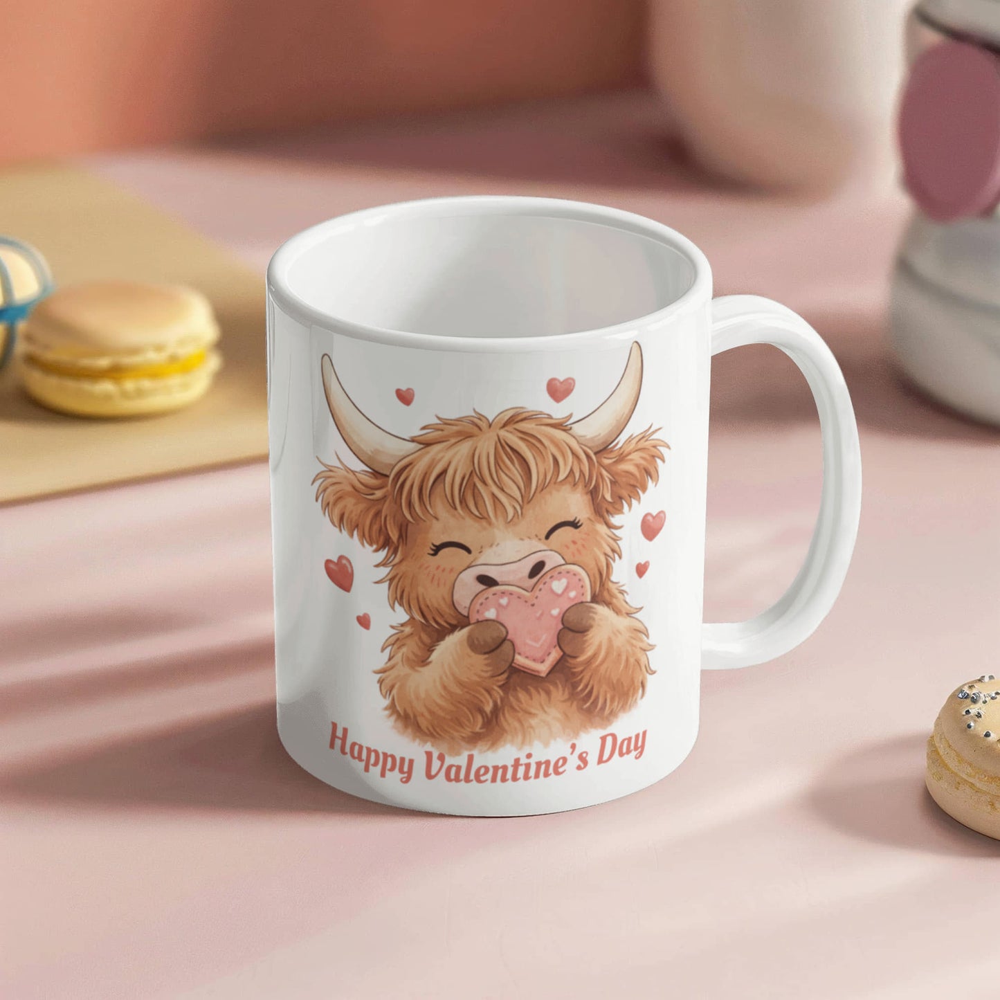 Valentine Highland Cow Mug – Cute Heart-Holding Cow Cup