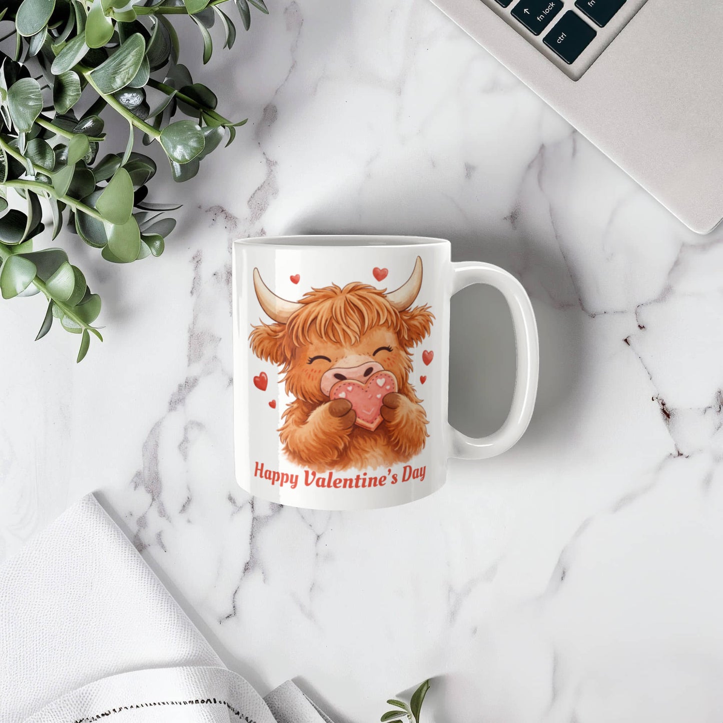 Valentine Highland Cow Mug – Cute Heart-Holding Cow Cup