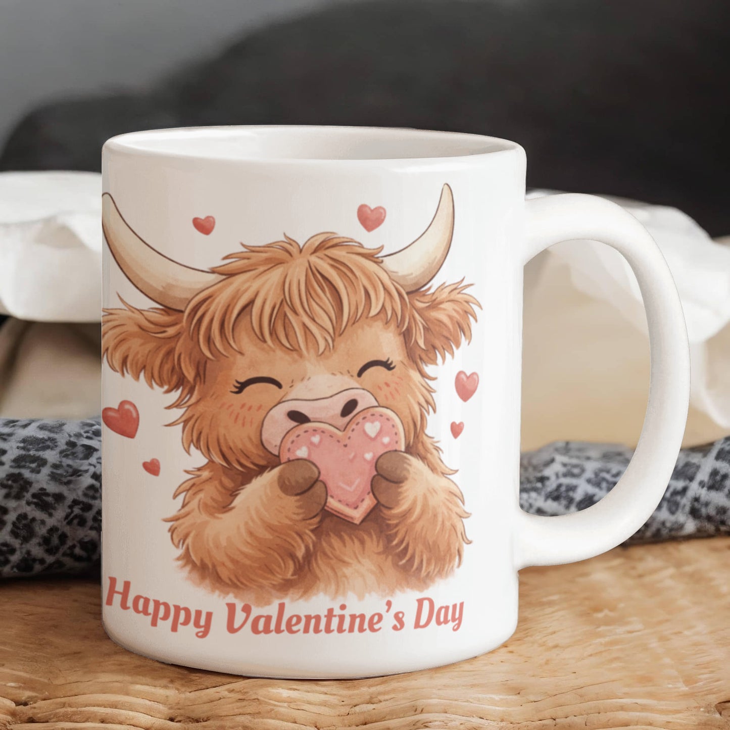 Valentine Highland Cow Mug – Cute Heart-Holding Cow Cup