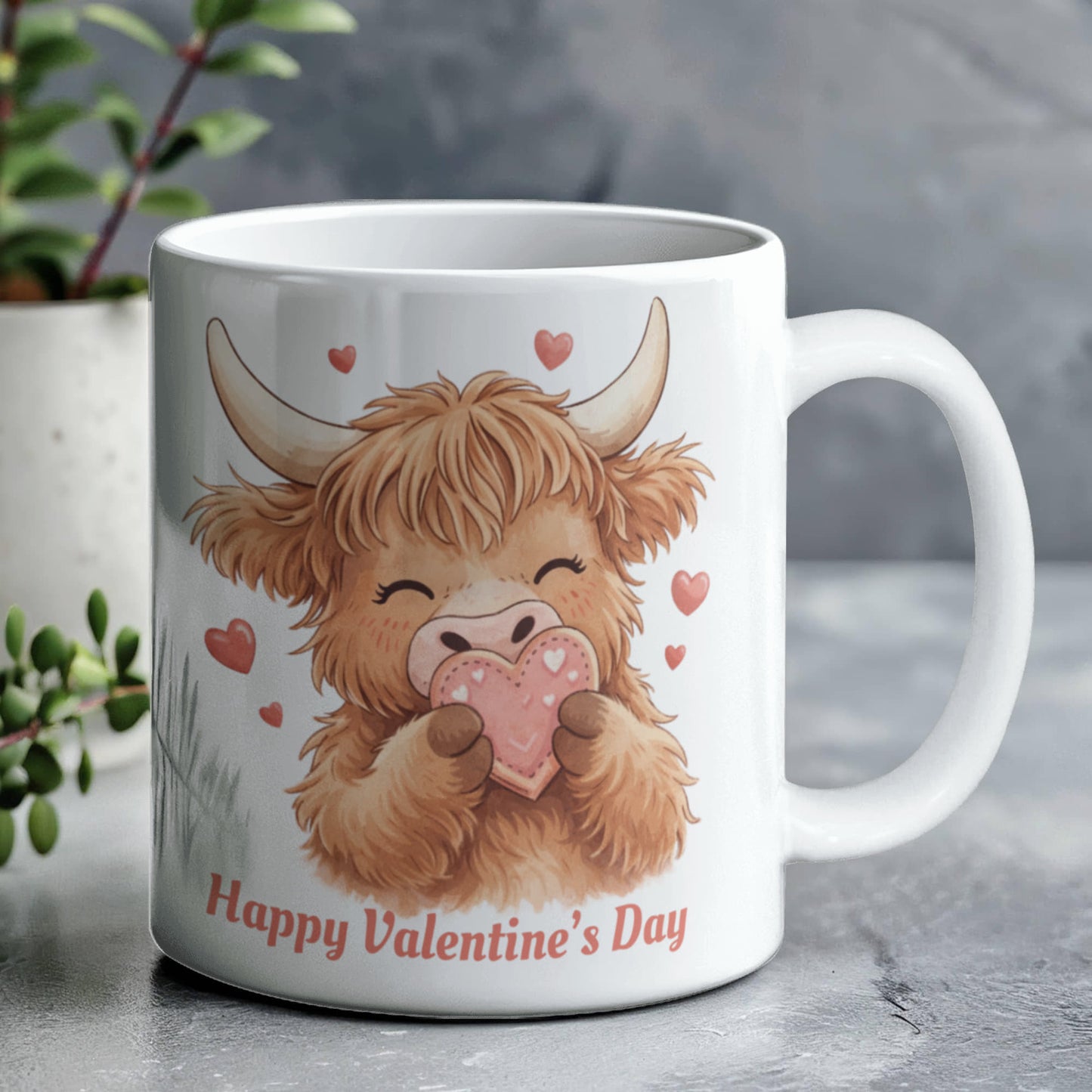 Valentine Highland Cow Mug – Cute Heart-Holding Cow Cup