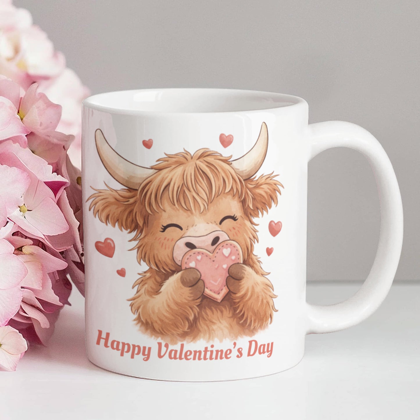 Valentine Highland Cow Mug – Cute Heart-Holding Cow Cup