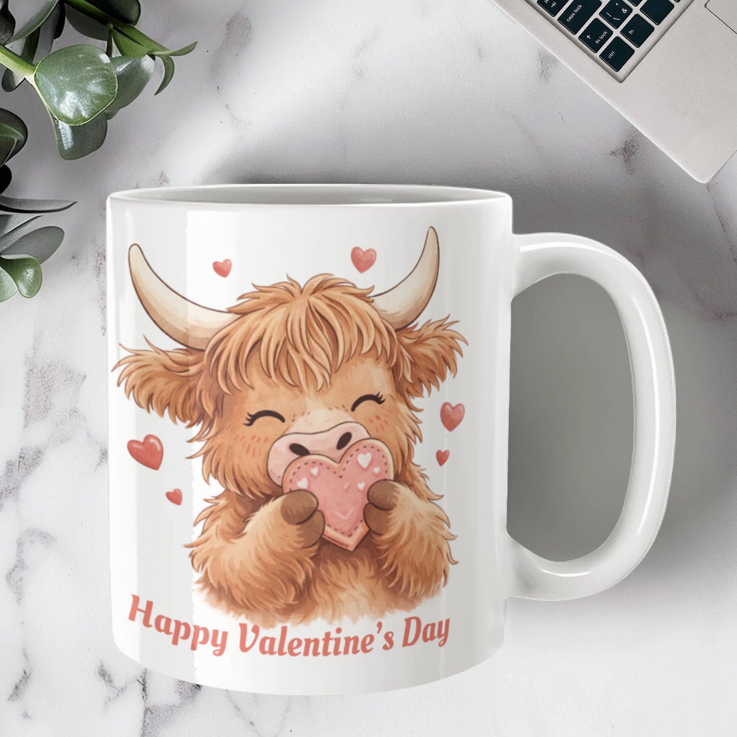 Valentine Highland Cow Mug – Cute Heart-Holding Cow Cup