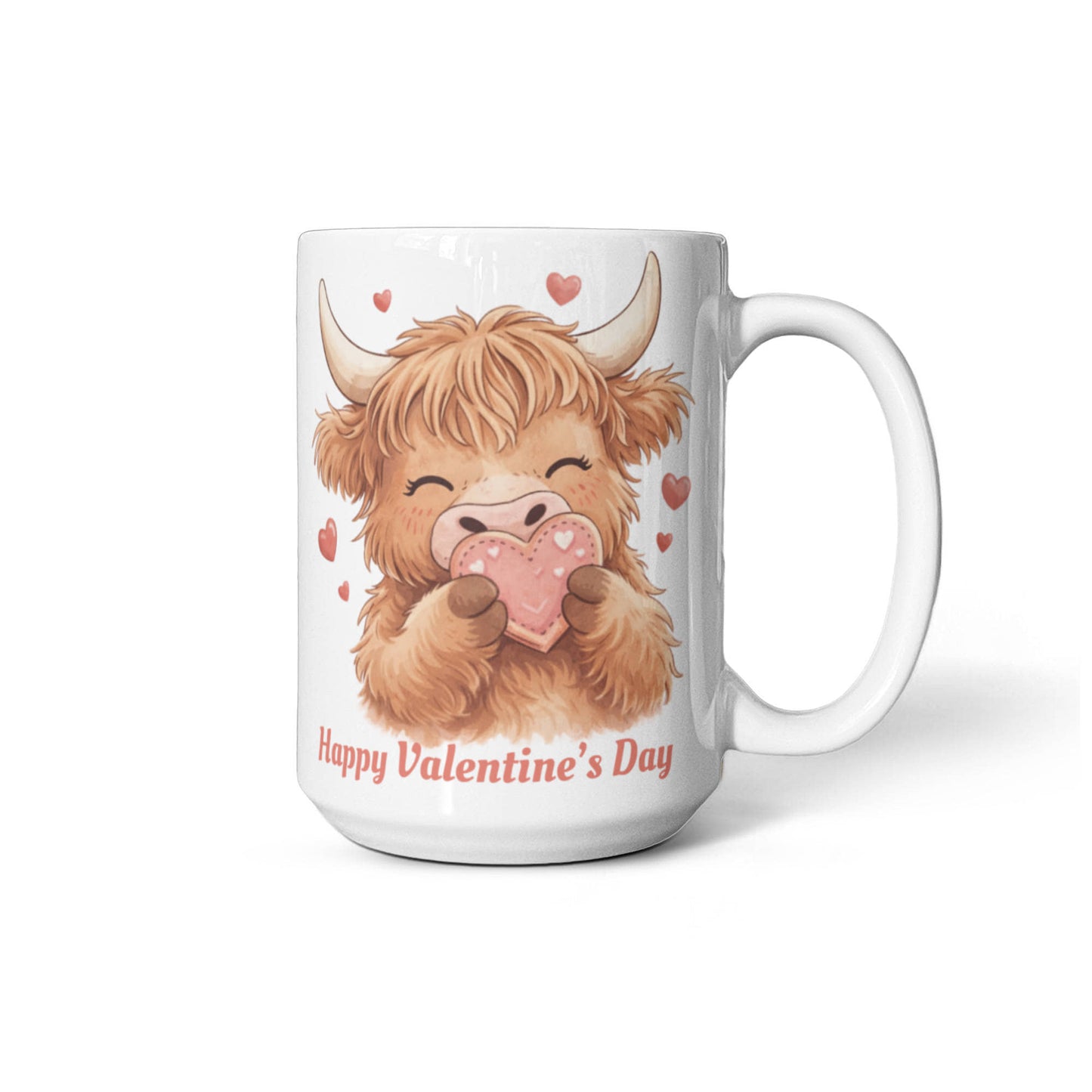 Valentine Highland Cow Mug – Cute Heart-Holding Cow Cup