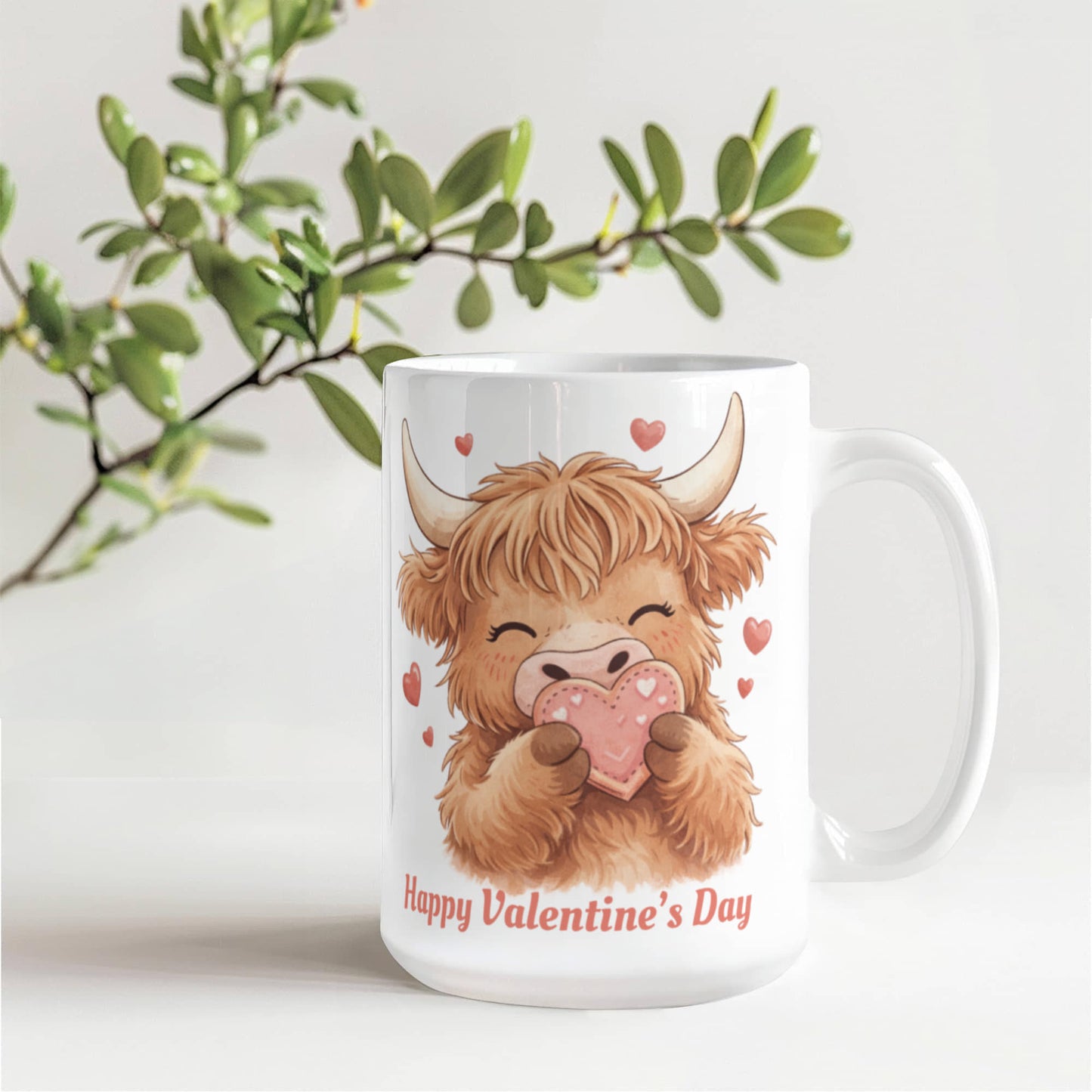 Valentine Highland Cow Mug – Cute Heart-Holding Cow Cup
