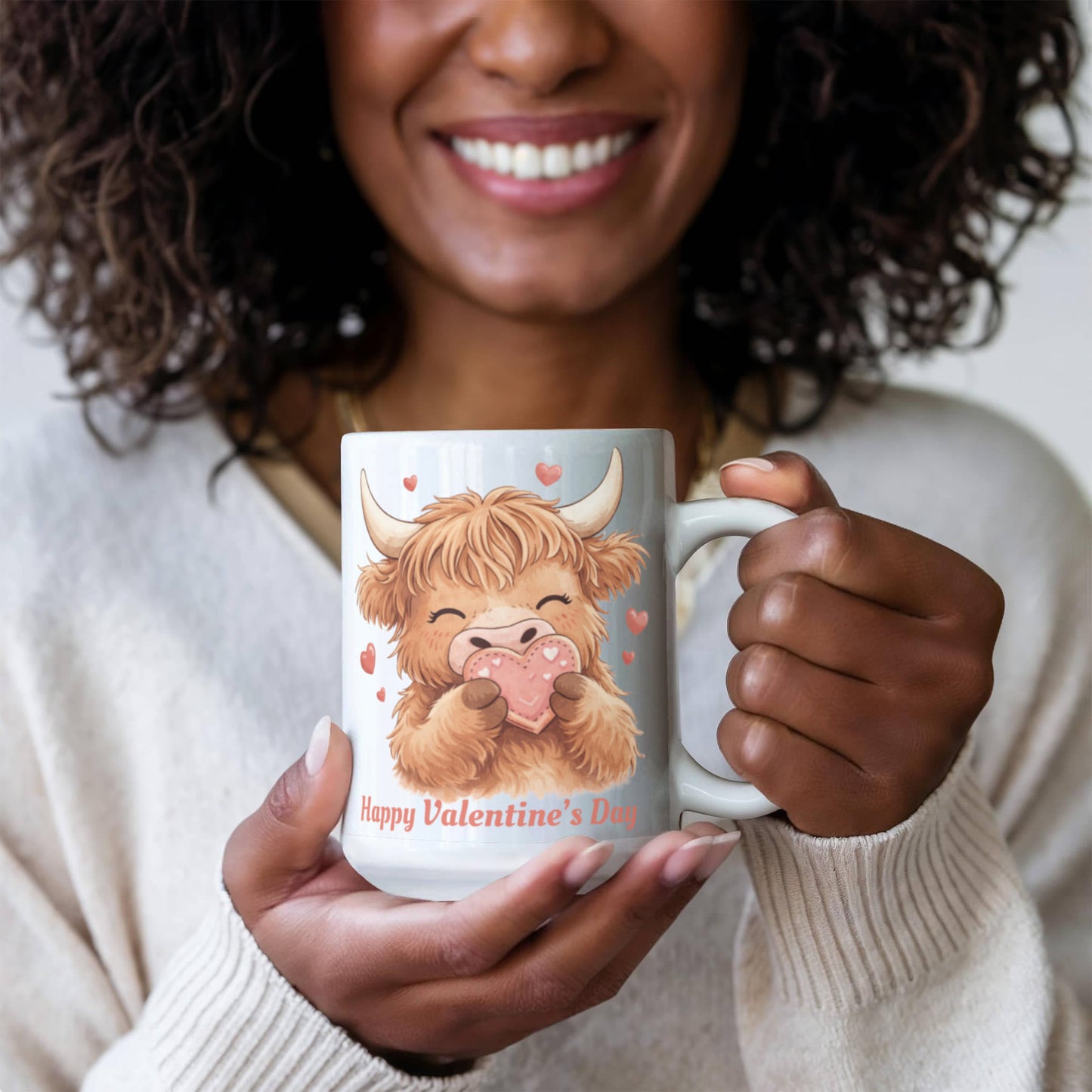 Valentine Highland Cow Mug – Cute Heart-Holding Cow Cup
