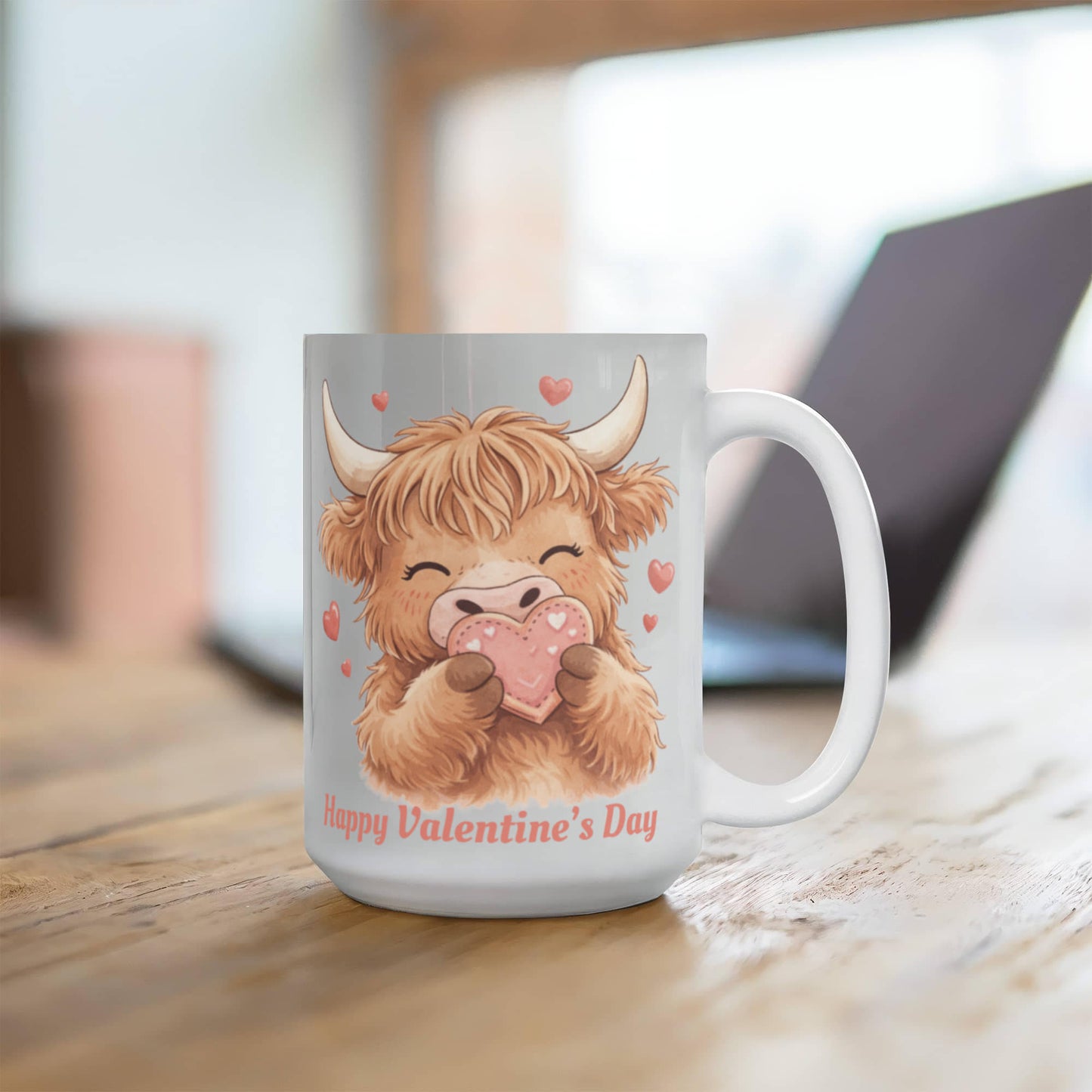 Valentine Highland Cow Mug – Cute Heart-Holding Cow Cup