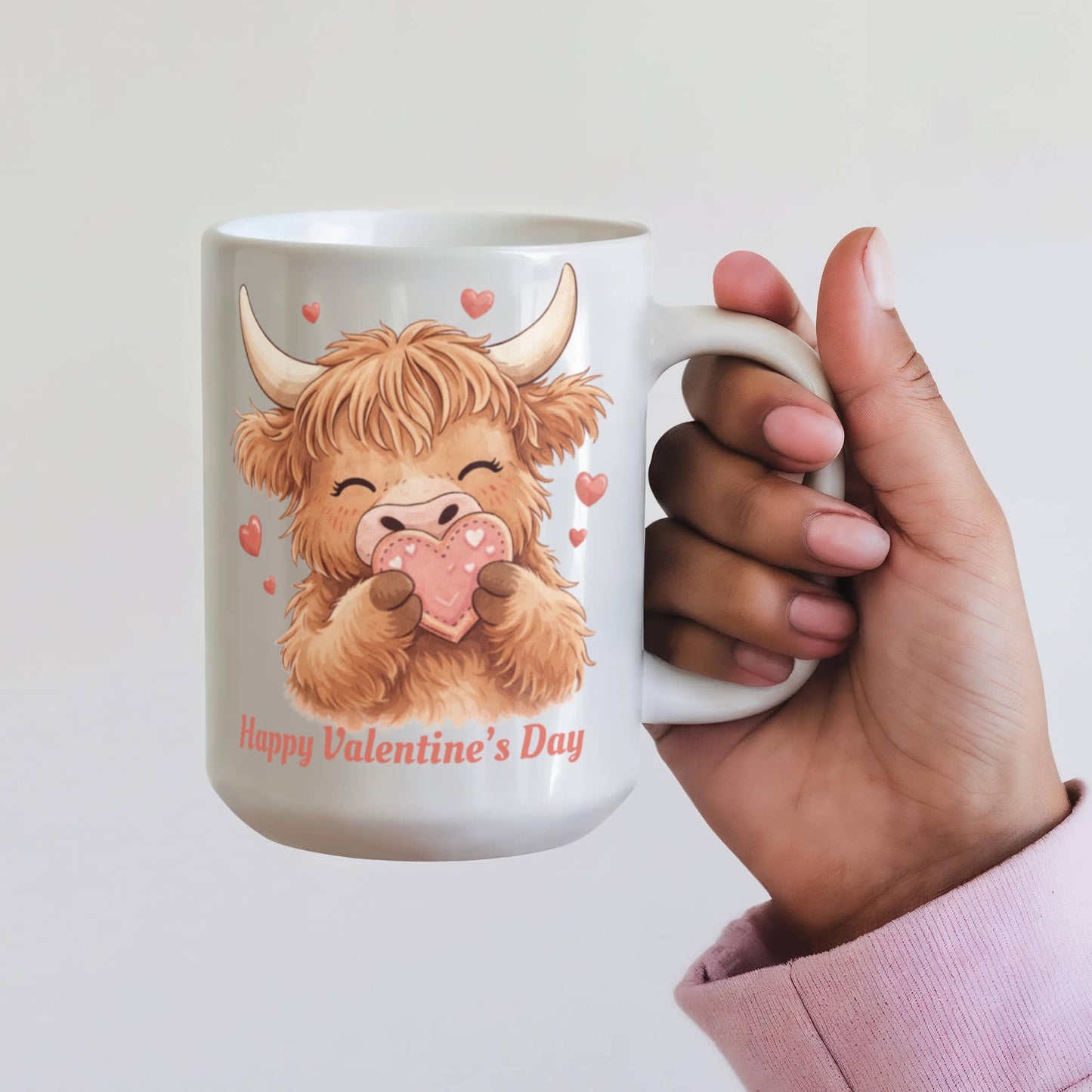 Valentine Highland Cow Mug – Cute Heart-Holding Cow Cup