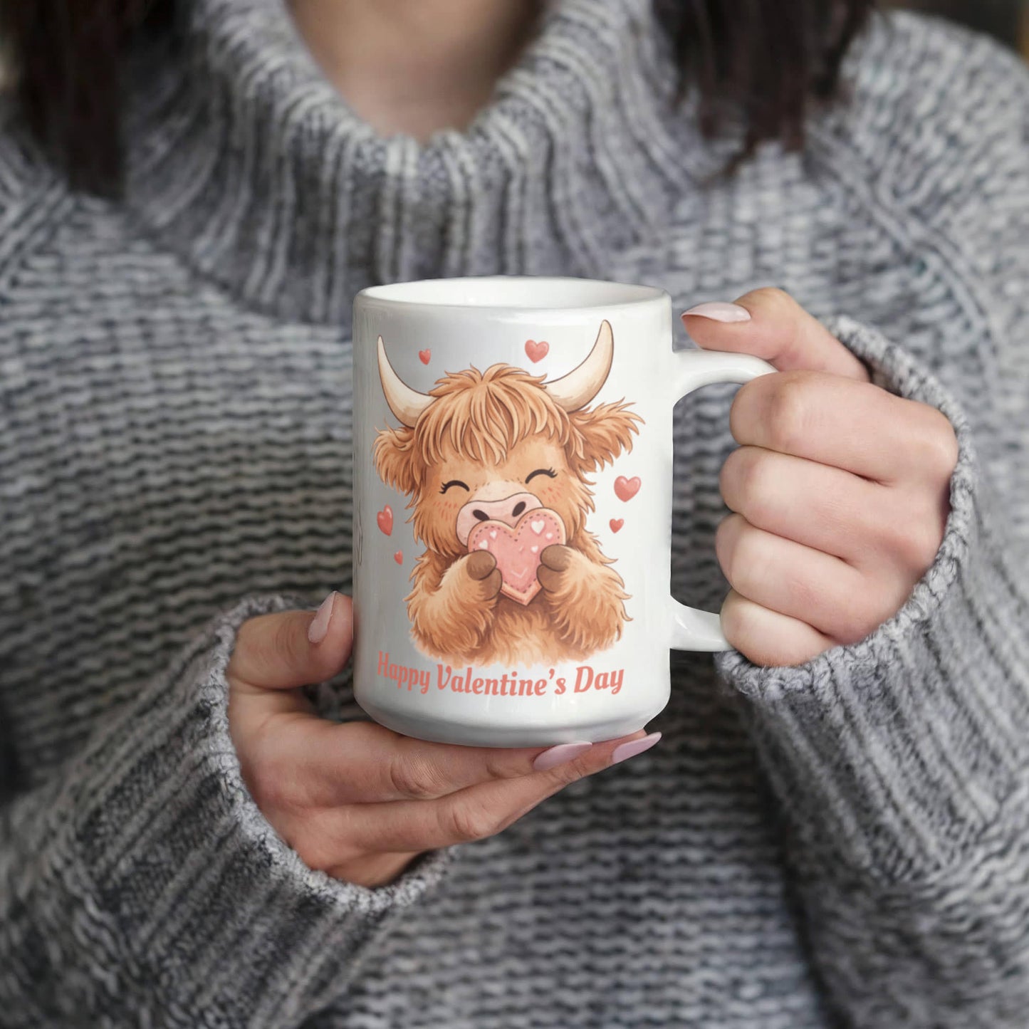 Valentine Highland Cow Mug – Cute Heart-Holding Cow Cup