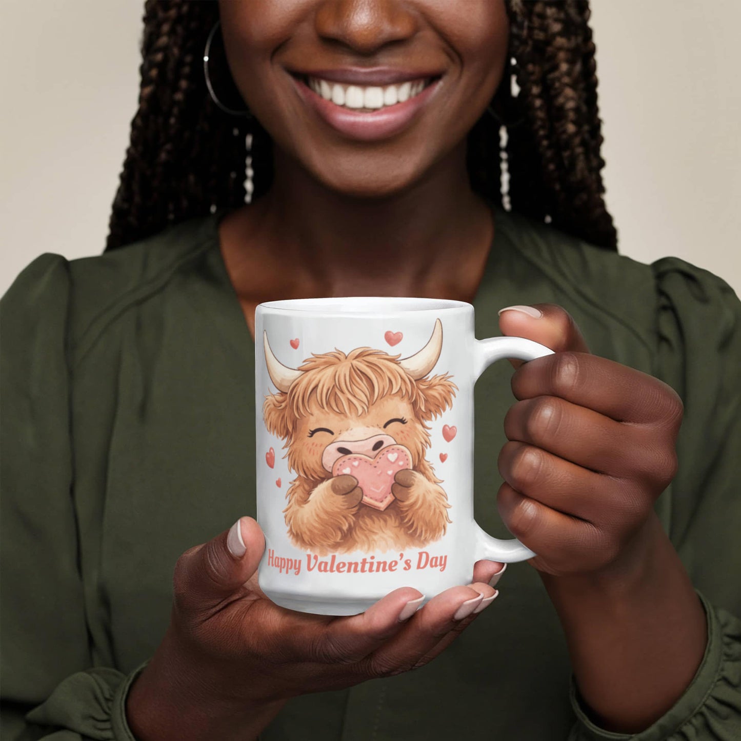 Valentine Highland Cow Mug – Cute Heart-Holding Cow Cup