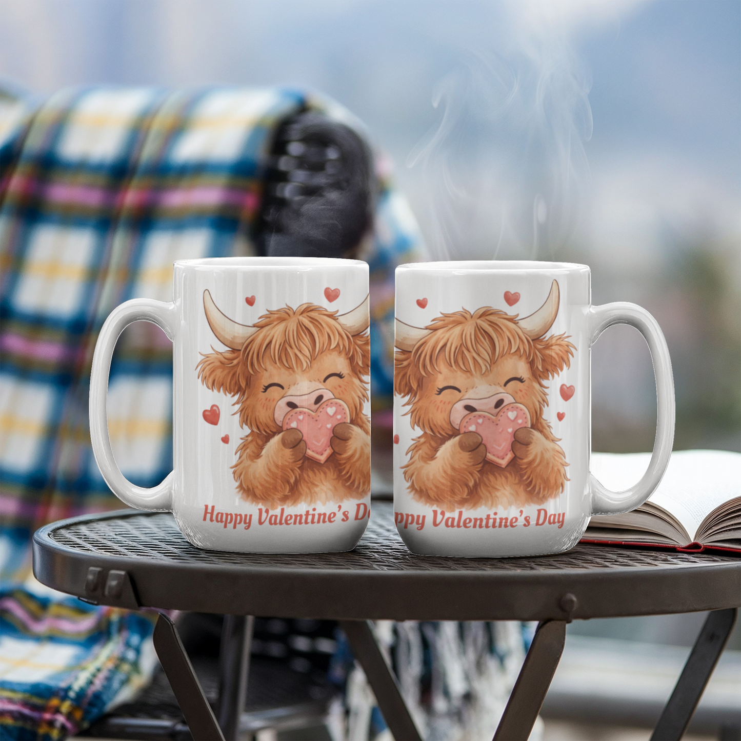 Valentine Highland Cow Mug – Cute Heart-Holding Cow Cup