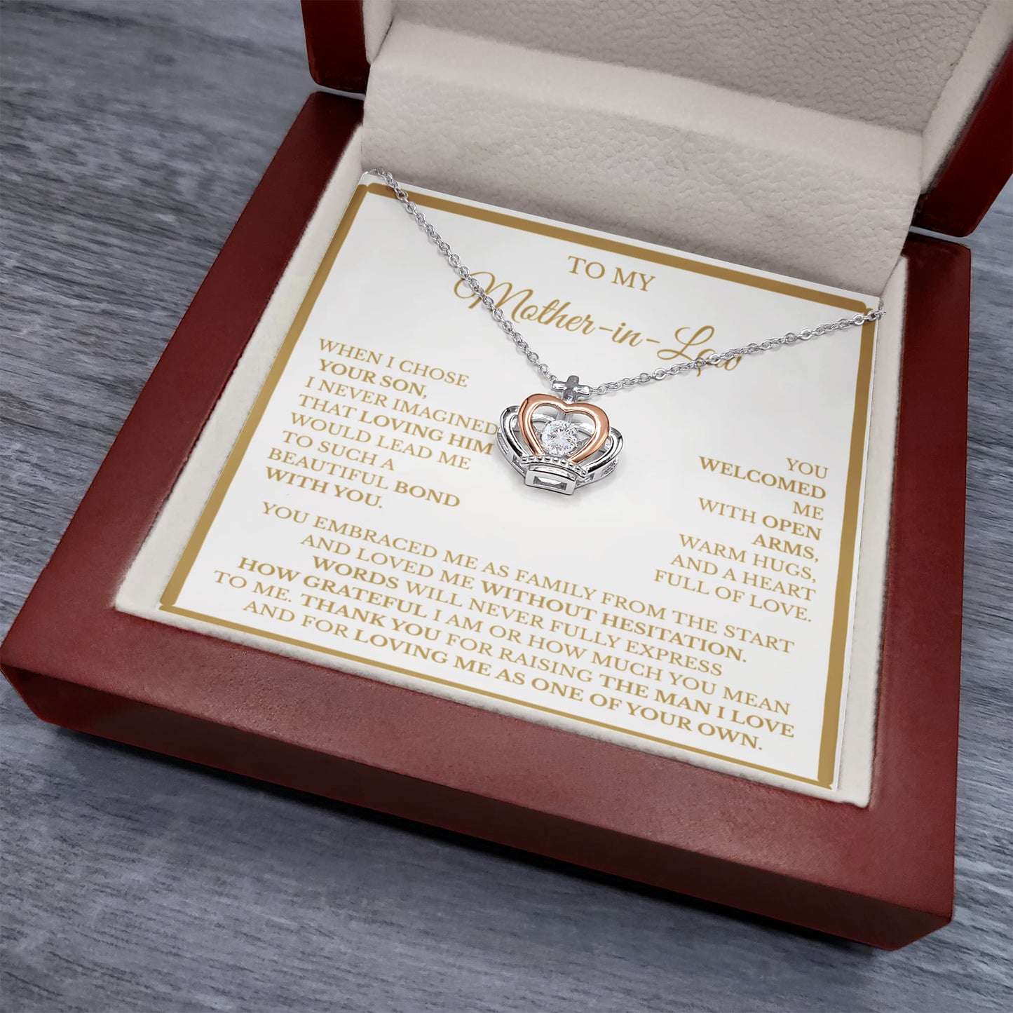 Mother-in-Law Crown Necklace with Message Card – Sterling Silver & Rose Gold Thank-You Gift