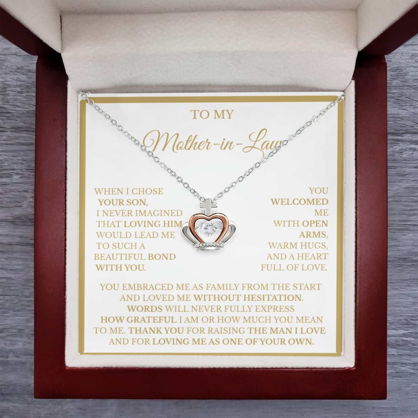 Mother-in-Law Crown Necklace with Message Card – Sterling Silver & Rose Gold Thank-You Gift