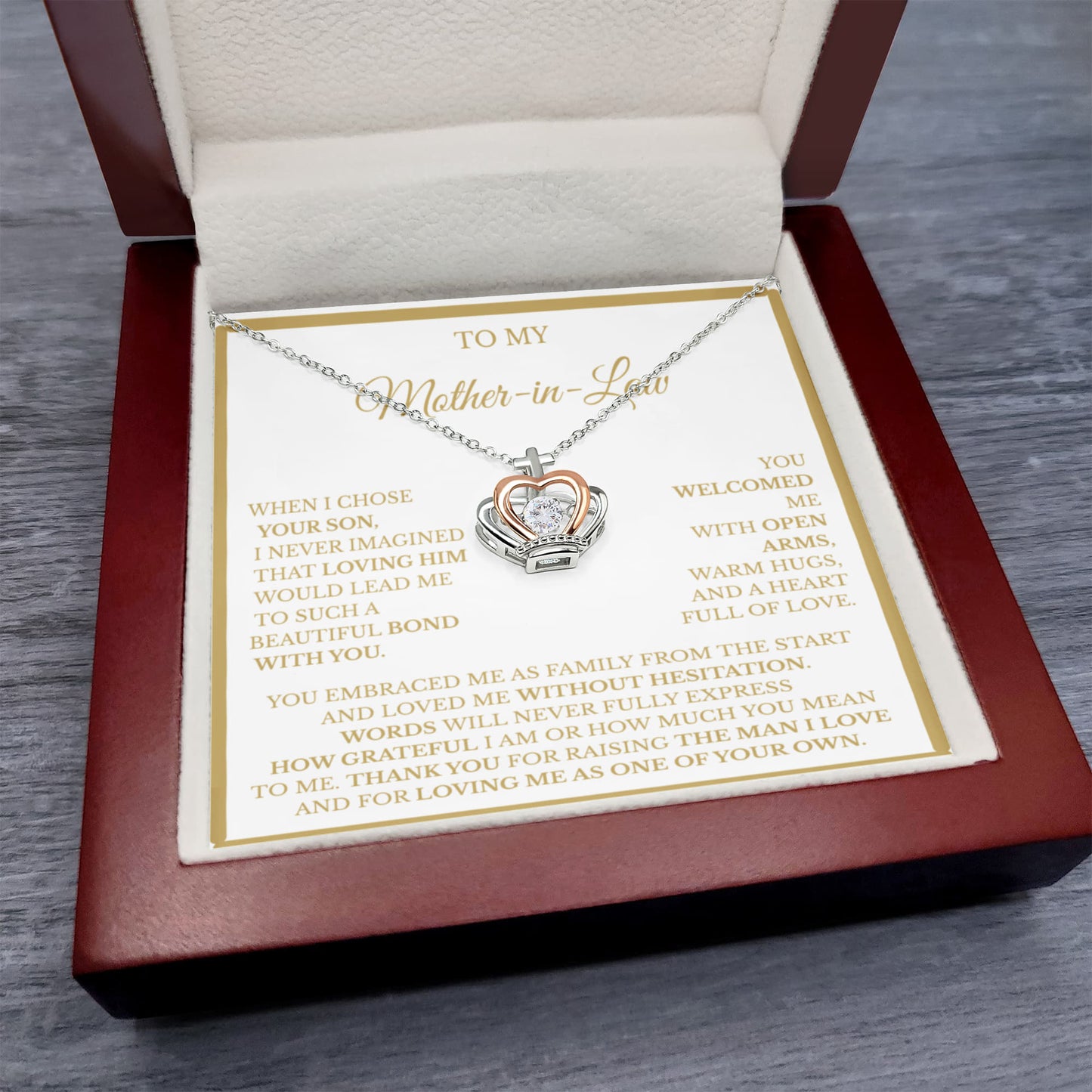 Mother-in-Law Crown Necklace with Message Card – Sterling Silver & Rose Gold Thank-You Gift