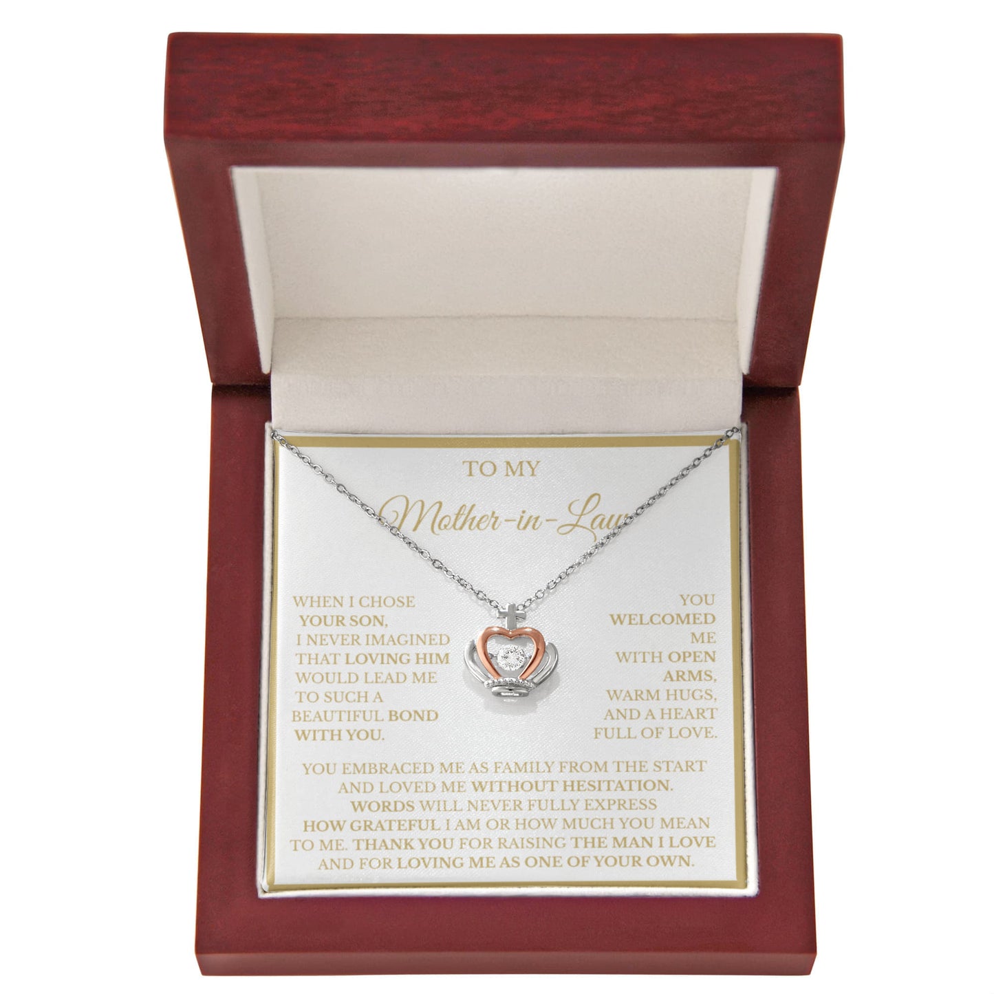 Mother-in-Law Crown Necklace with Message Card – Sterling Silver & Rose Gold Thank-You Gift