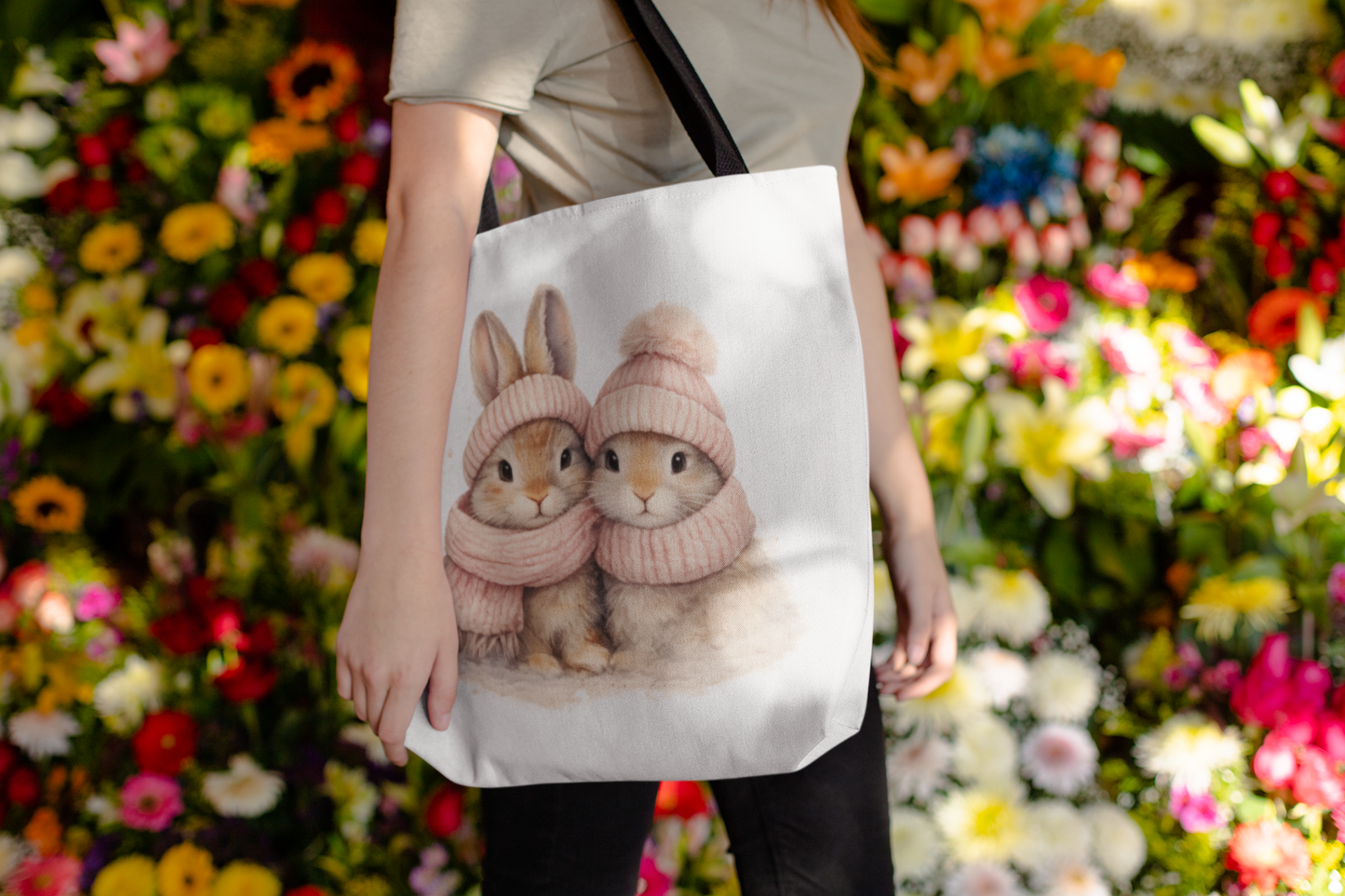 Person holding a tote bag with cartoon bunnies in hats against a floral background